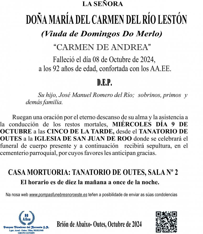 09 24 Esquela,María Carmen del Río Lestón