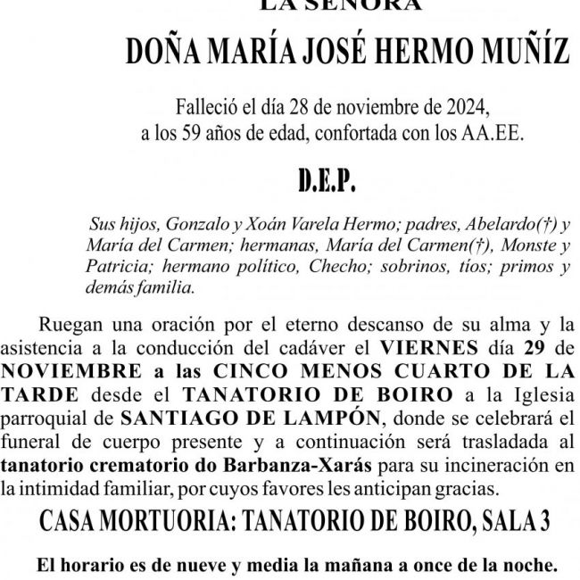 ESQUELA,incineración  María José Hermo Muñíz