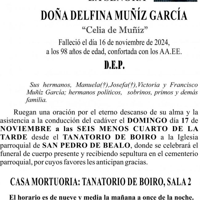 ESQUELA,  Delfina Muñíz García