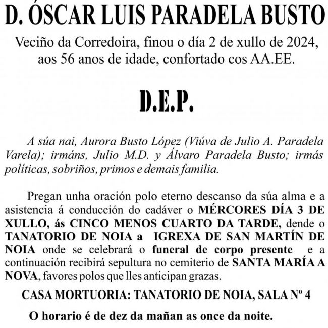 ESQUELA (Ageitos) Óscar Luis Paradela Busto   Galego