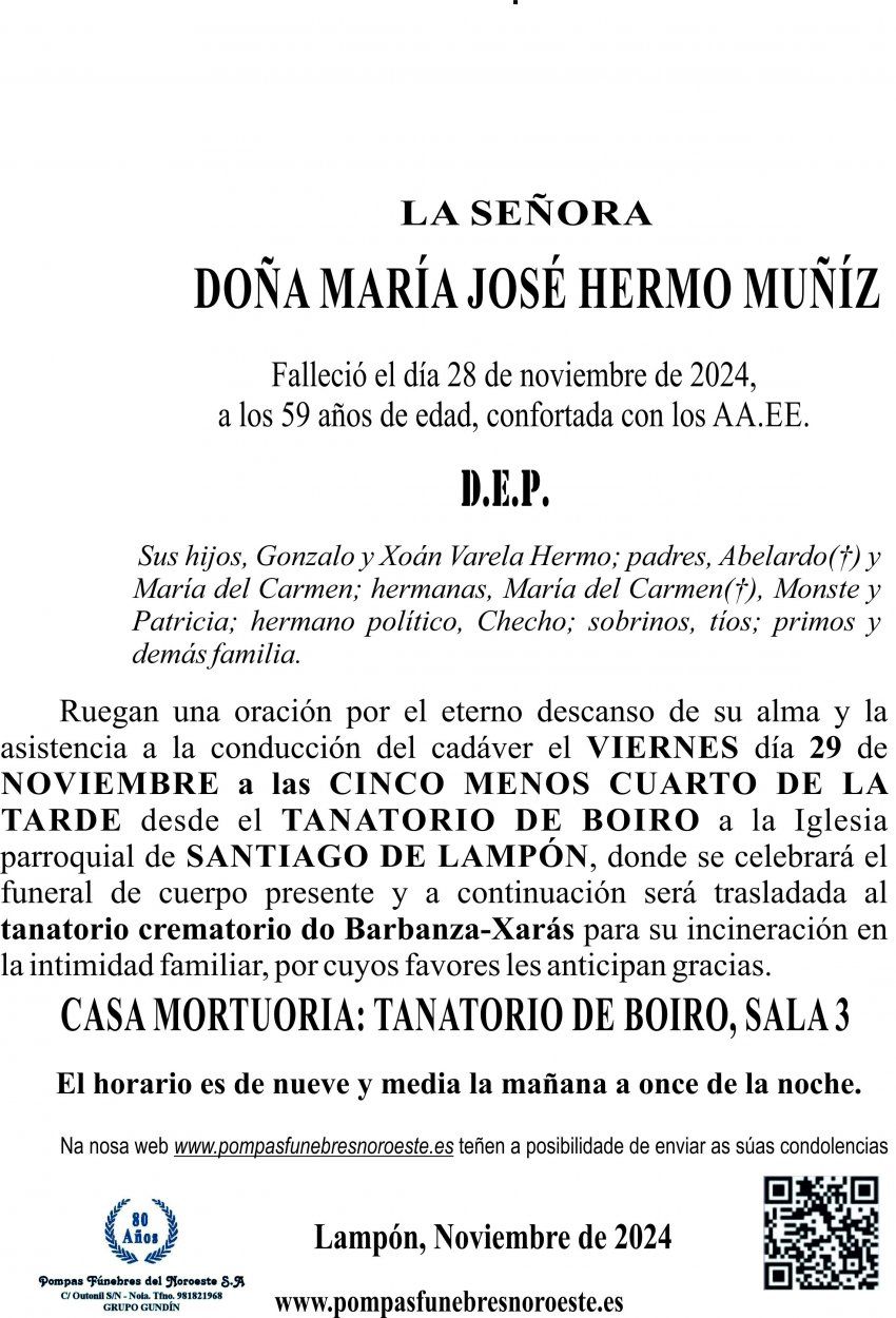 ESQUELA,incineración  María José Hermo Muñíz